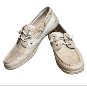 Sperry TopSider Songfish Women’s Linen Oat Boat Shoes Snakeskin Accent Size 10